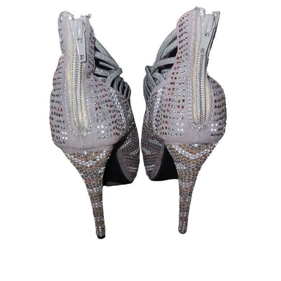 Liliana Pewter Multicolored Rhinestone Front Elastic Cutout Peep Toe Platform St - Picture 7 of 8
